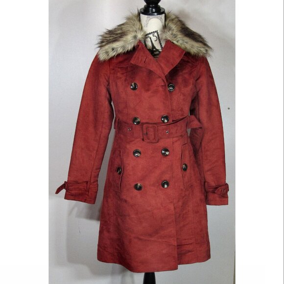 Steve Madden Faux Suede Faux Fur Collar Trench Coat, Red Orange Womens Size S - Picture 3 of 8